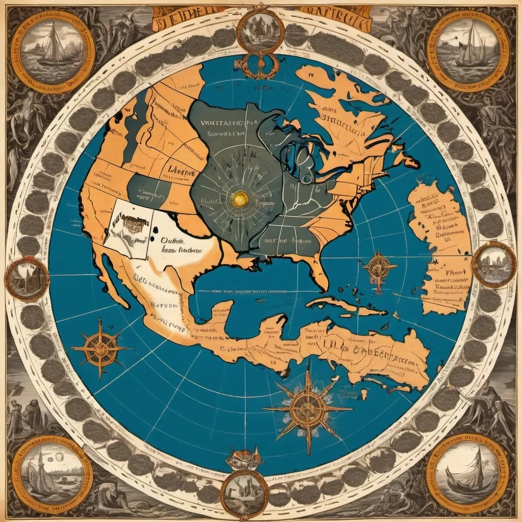 Prompt: medieval Fantasy map of earth centering around America with old sailor cartographic depictions with a huge craters and portals