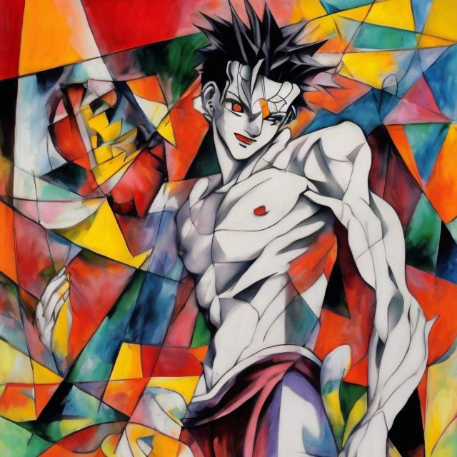 Prompt: hisoka standing anime in style of cubism
