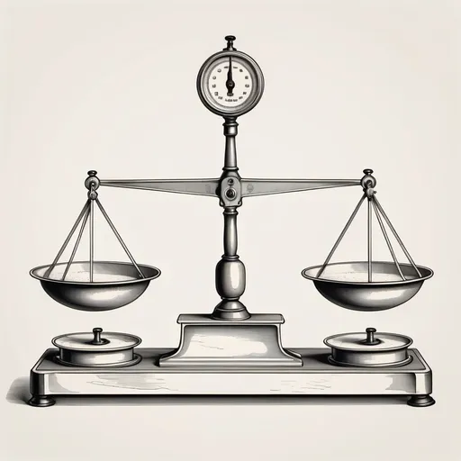 Prompt: A simple line drawing of a vintage balance scale with two large shallow pans on either side. The design includes a flat rectangular base, with a central axis holding the pans. The balance has a minimalistic and symmetrical design, with no intricate details or shading, resembling a black and white hand-drawn illustration.