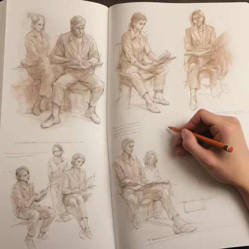 Prompt: (realism style), warm color scheme, double-page spread, workbook design, various figure sketches, (seated, standing, abstract poses), detailed annotations, light source direction diagrams, final composition, detailed shading, additional background elements, artistic ambiance, educational atmosphere, ultra-detailed, engaging presentation, illustrative approach.