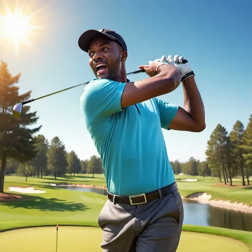 Prompt: Black man swinging golf club, vibrant golf course, sunny day, professional golf swing, high quality, realistic, vibrant colors, energetic atmosphere, detailed facial expression, sporty attire, dynamic motion, outdoor sports, golfing, sunny, vibrant, professional, high quality, realistic, dynamic, detailed, sporty