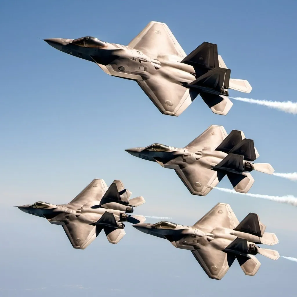 Prompt: A group of F-22 raptors flying in formation