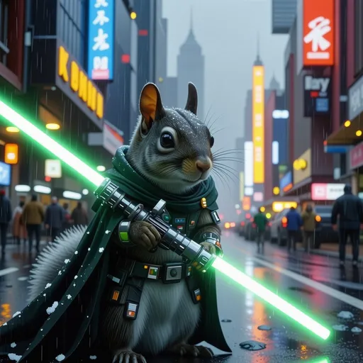 Prompt: (cyberpunk squirrel), (Star Wars universe), (green lightsaber), Jedi cloak, futuristic city skyline, neon lights, glowing tech, high-tech gadgets, detailed sleek cybernetic limbs, vibrant colors, strong contrast, dynamic action pose, dramatic shadows, ultra-detailed, cinematic quality, sci-fi elements, immersive ambiance, energetically buzzing atmosphere.