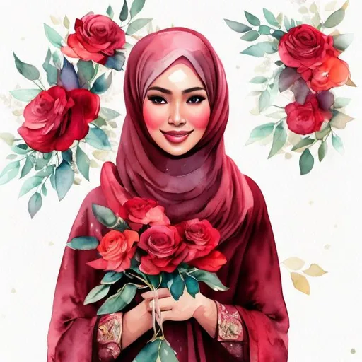 Prompt: Watercolour painting, Malay woman in hijab, red kebaya, holding a bouquet of roses, studio background, high quality, watercolor, traditional, detailed floral motif, serene expression, graceful pose, vibrant colors, soft lighting, professional