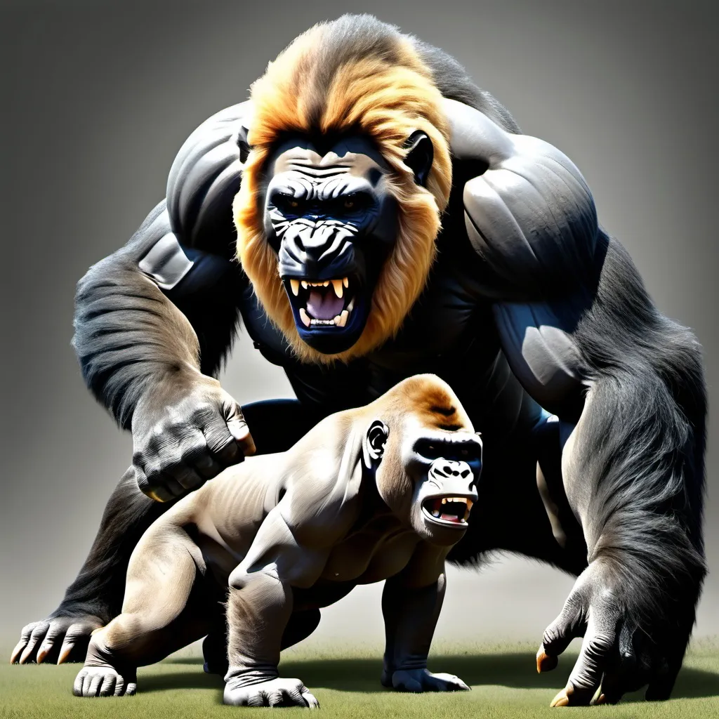 Prompt: Create a lion attacking the gorilla