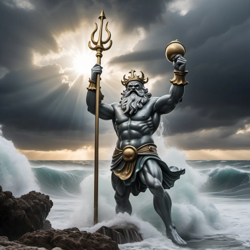Prompt: king Neptune raising up from the seas, heavy seas pound the shoreline, grey clouds and sun settings
