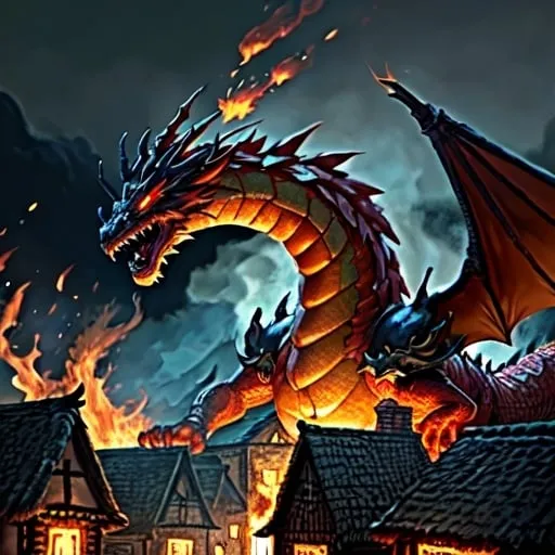 Prompt: Fire dragon destorying a village