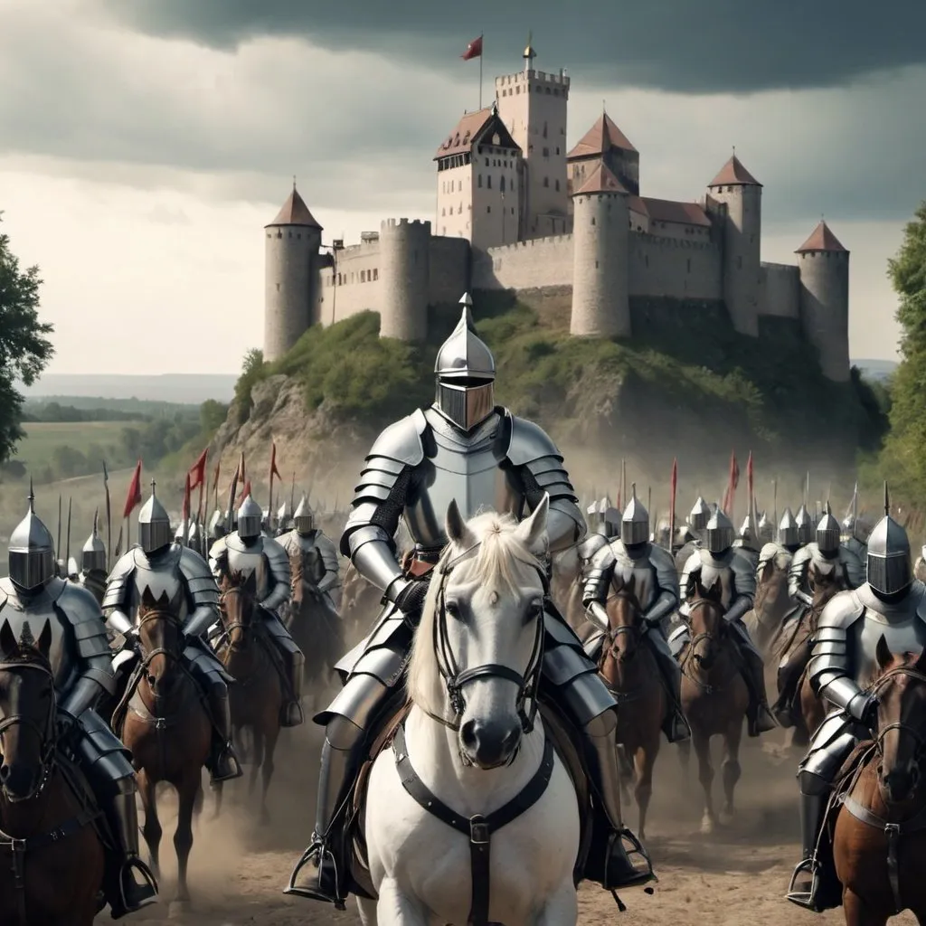 Prompt: Holy Knight with a army in front to a castle