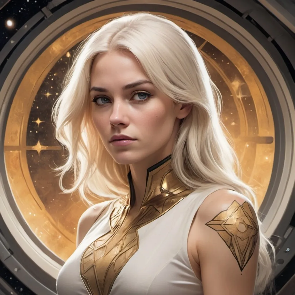 Prompt: Graphic novel art: A woman with long white blonde hair in a science fiction setting. She's frowning slightly. Wearing a loose, elegant white and gold dress billowing around her. Gold geometric tattoos cover her bare arms and cheeks. Her face is natural. Her pose is dynamic. Behind her is a spaceship window with stars. The style is cell shaded.