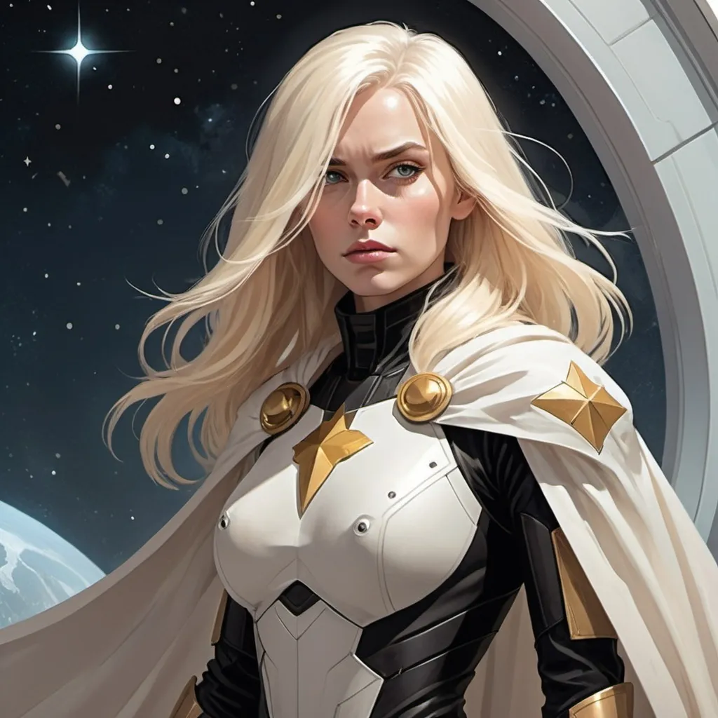 Prompt: Character design art: A woman with long white blonde hair in a science fiction setting. She's frowning slightly. Wearing black combat armor under a loose, breezy, diaphanous white cape swaying around her. Her armor has gold highlights. Her face is natural. Her pose is dynamic. Behind her is a spaceship window with stars. The style is graphic novel art.