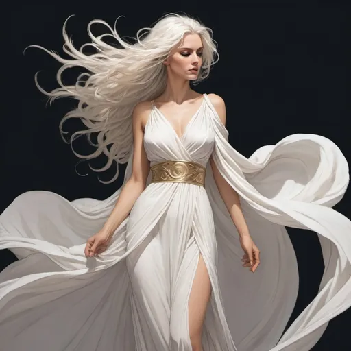 Prompt: A woman in a long, loose, diaphanous, white Greek style gown. White gold hair blowing around her. She is illustrated in the style of a graphic novel with strong lines.