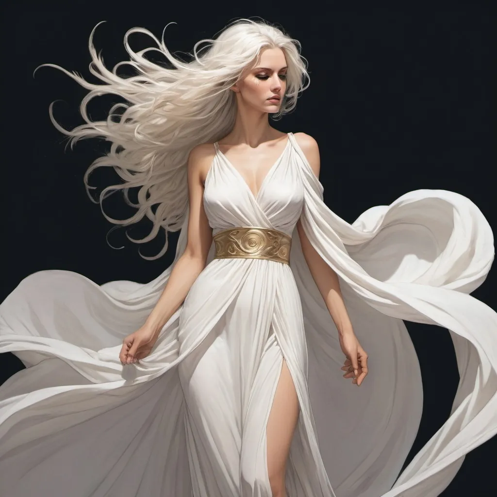 Prompt: A woman in a long, loose, diaphanous, white Greek style gown. White gold hair blowing around her. She is illustrated in the style of a graphic novel with strong lines.