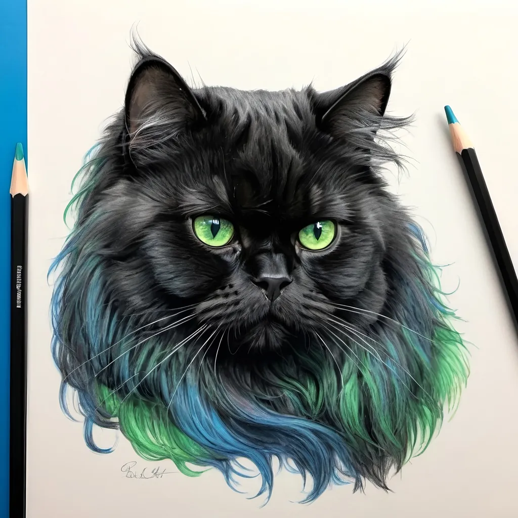 Prompt: A pencil sktech of a black mysterious persian cat with blue and green eyes.