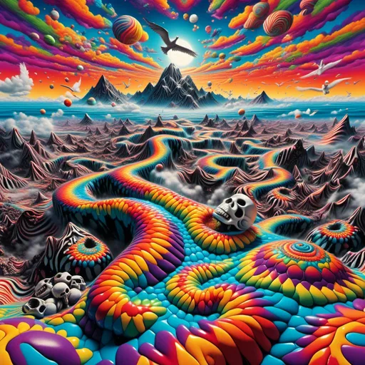 Prompt: <mymodel> Synthetic Landscapes a heavenly world of sand, mountains, skulls and giant seagulls. LSD mode on, the sky melts like in a hallucinatory dream. use the colors black, light blue, purple, red, green, yellow, gray, white, orange