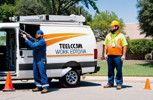 Prompt: two fiber optic workers standing in front of a telecom work van