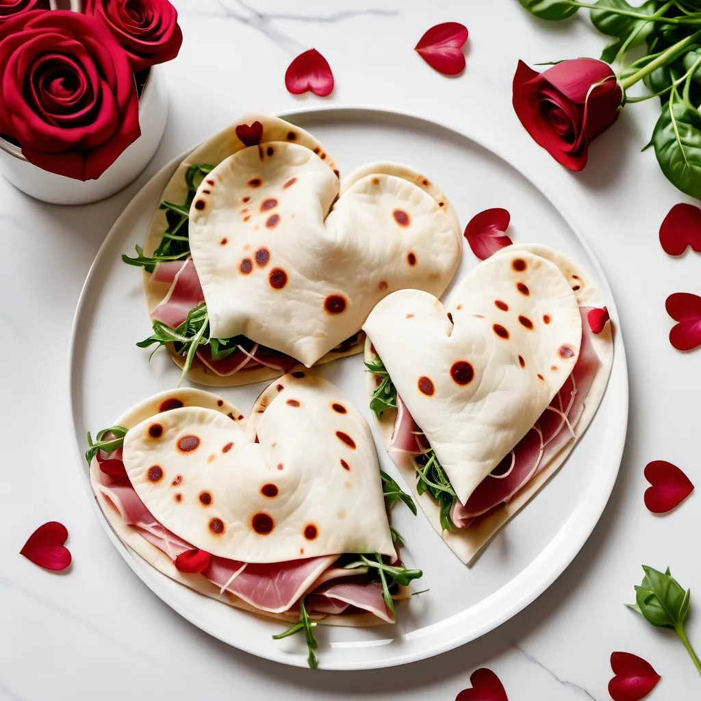 Prompt: heart-shaped piadina with raw ham, rocket and mozzarella placed on a white table with red rose petals on top