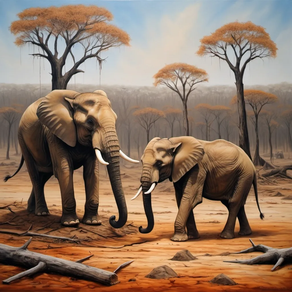 Prompt: (trees cut down), a barren forest landscape without trees, (anguished elephants) struggling in drought, dry cracked earth, (vivid oil painting), warm earth tones contrasted with starkness of deforestation, (grim atmosphere), feeling of despair, lack of water causing animals to suffer, detailed brushwork highlighting emotional depth, evocative portrayal of an ecological crisis, capturing the impact of climate change.