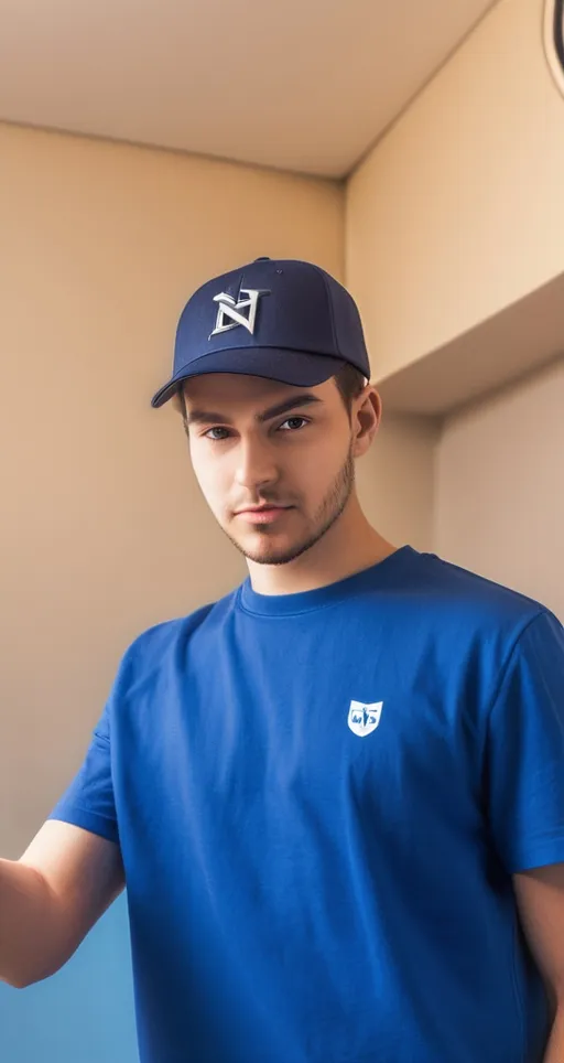Prompt: In a well-lit interior space, a young man stands confidently, wearing a navy blue cap adorned with a logo and a matching blue t-shirt. His expression is focused and relaxed, highlighted by a light stubble and sharp features, as he holds his phone in one hand, perhaps taking a selfie. The background reveals a simple, neutral-colored wall and a window that hints at a sunny day outside, suggesting a calm environment. The overall composition draws attention to the subject with a clean aesthetic, enhanced by the clarity of the image and vibrant blue tones, creating a mood of casual ease and confidence.