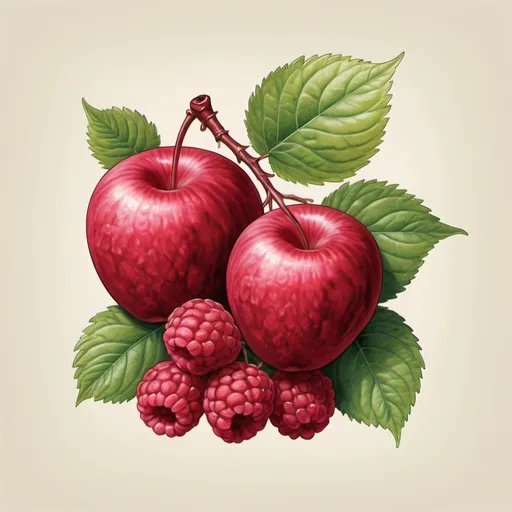 Prompt: apple with raspberries around it in a basic art style for a wine label