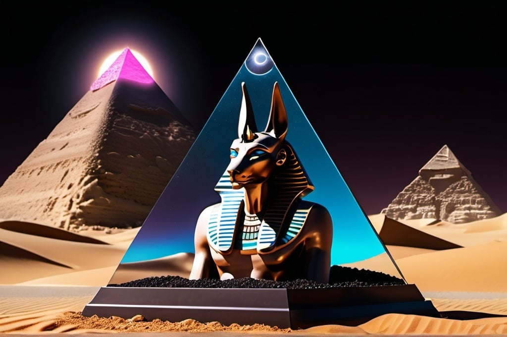 Prompt: Rocky desert ravine, Egypt Anubis statue, vaporwave solar eclipse, dark colored sand, black techno floating pyramid centerpiece