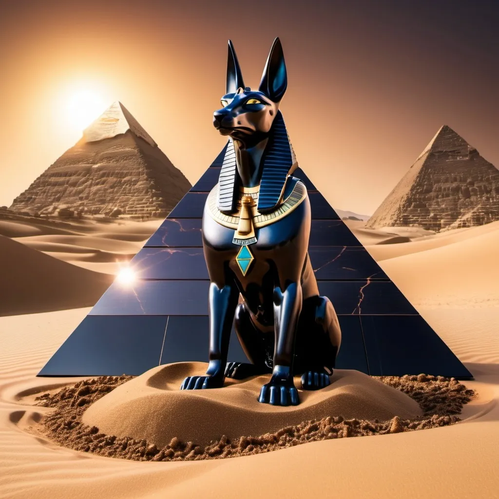 Prompt: Rocky desert ravine, Egypt Anubis statue, vaporwave solar eclipse, dark colored sand, black techno floating pyramid centerpiece