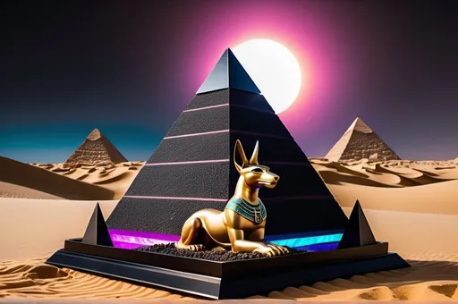 Prompt: Rocky desert ravine, Egypt Anubis statue, vaporwave solar eclipse, dark colored sand, black techno floating pyramid centerpiece