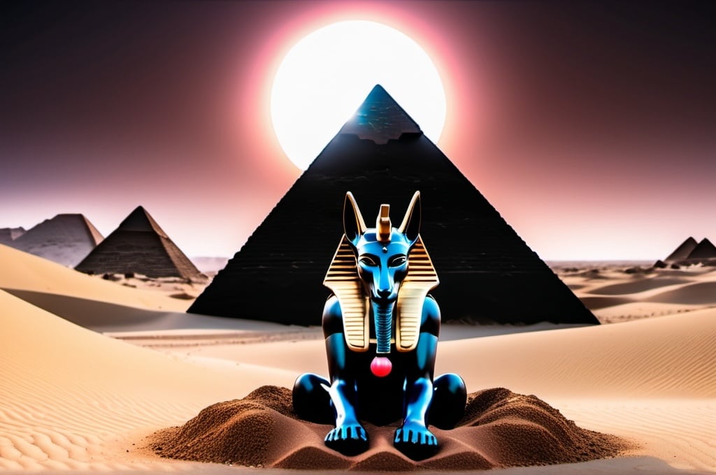 Prompt: Rocky desert ravine, Egypt Anubis statue, vaporwave solar eclipse, dark colored sand, black techno floating pyramid centerpiece