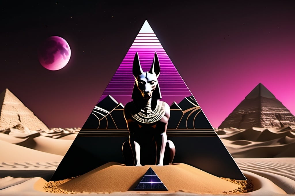 Prompt: Rocky desert ravine, Egypt Anubis statue, vaporwave solar eclipse, dark colored sand, black techno floating pyramid centerpiece