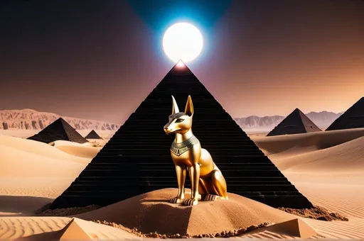 Prompt: Rocky desert ravine, Egypt Anubis statue, vaporwave solar eclipse, dark colored sand, black techno floating pyramid centerpiece