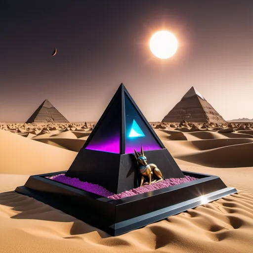 Prompt: Rocky desert ravine, Egypt Anubis statue, vaporwave solar eclipse, dark colored sand, black techno floating pyramid centerpiece