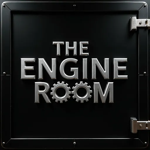 Prompt: Bold letters proclaim "THE ENGINE ROOM," set against a sleek black backdrop that enhances the metallic gray tones of the text and accompanying graphic elements. The design features two intricate gears in place of the ‘o’s in the word room, making a play on the word, emphasizing a sense of mechanics and innovation. A subtle shine on the text suggests a polished surface, while the well-defined edges of both the letters and the gears contribute to a modern, industrial aesthetic. The entire composition is framed with rounded corners, symbolising a watertight door, with hinges on the right hand side of the frame, providing a sense of cohesion and inviting viewers into a space that hints at creativity and engineering.