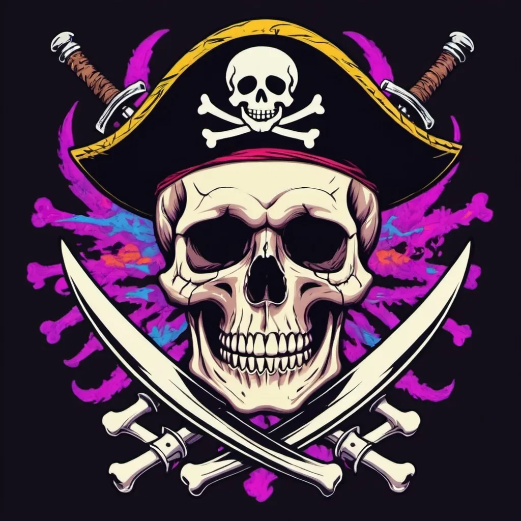 Prompt: I want a skull with crossed bones in Collorfull trippy effect and a pirate head and a pirote eye cap