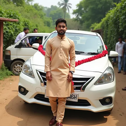Prompt: Standing confidently beside a beautifully decorated white car, a young man in a light brown traditional outfit exudes a sense of pride and celebration. The vehicle is adorned with vibrant red roses and delicate ribbons, suggesting a festive occasion—likely a wedding or a special event. Behind him, a glimpse of a man seated inside a van adds context to the outdoor gathering, surrounded by lush greenery and the gentle light of day. The scene radiates joy and anticipation, clearly marking a significant moment in the young man's life, while the earthy ground underfoot hints at the informal yet lively atmosphere of the celebration. The colors are warm and inviting, strengthening the overall cheerful mood of the image.