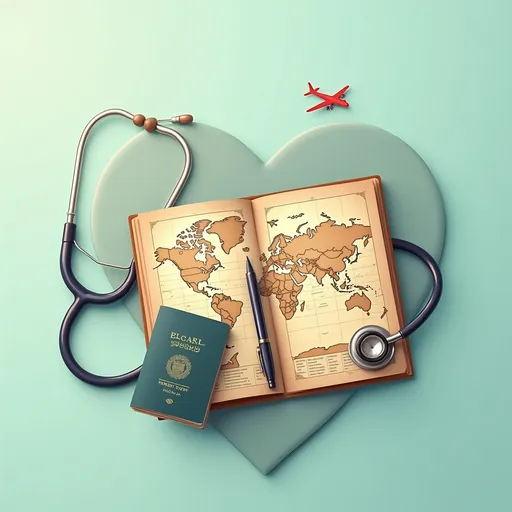Prompt: ✅ Heart = Emotional connection  
✅ Travel hint  
✅ Clean & professional
- **Left Side:** A **realistic stethoscope** curving around a **vintage travel diary** (open to a world map page).  
- **Middle:** A **passport with a stethoscope stamp** + a pen lying across it.  
- **Right Side:** A **minimalist skyline** (city or mountains) with a **tiny airplane silhouette**.  
- **Background:** Soft gradient (teal to sand beige) for a calm, professional look.  

**Text Overlay (Doctor’s Diary ):