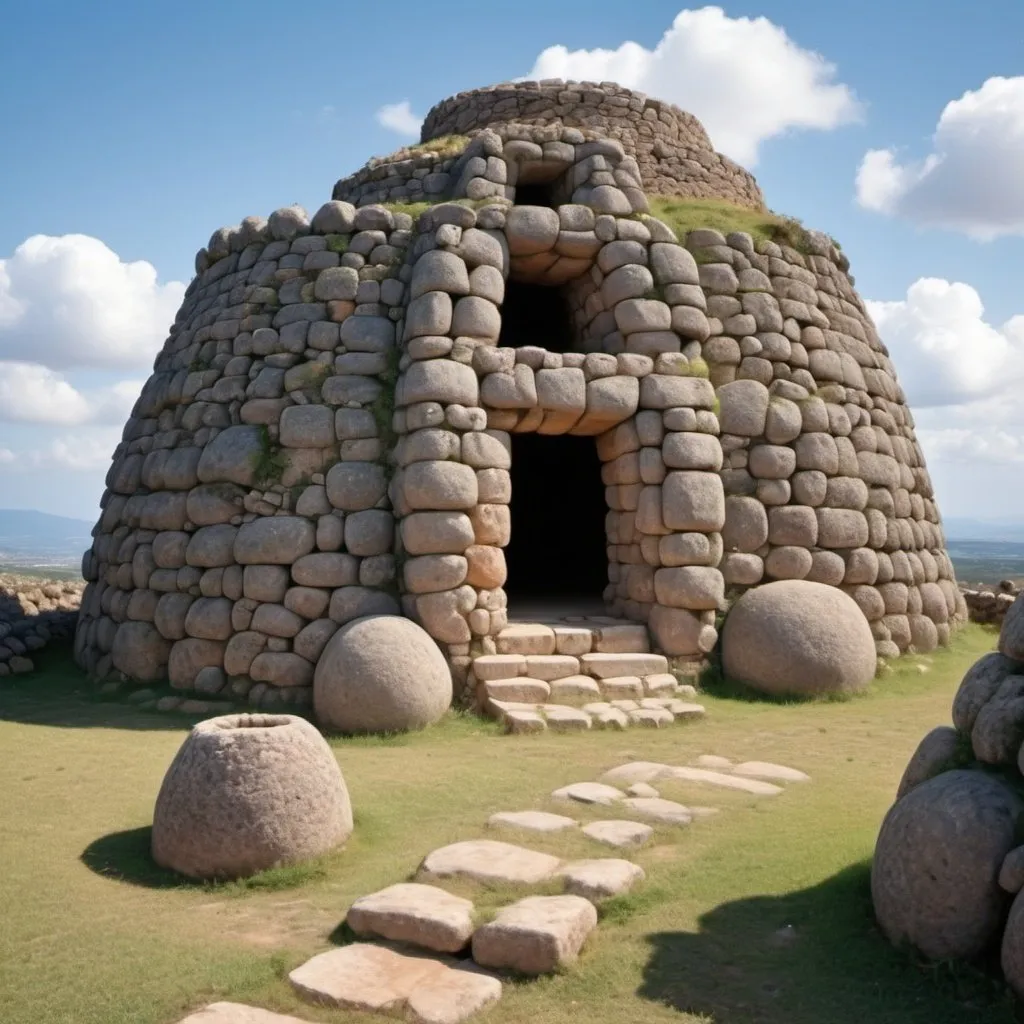 Prompt: According to the style of Hayao Miyazaki, he designed the Nuragic people who built the nuraghe of Barumini in Sardinia