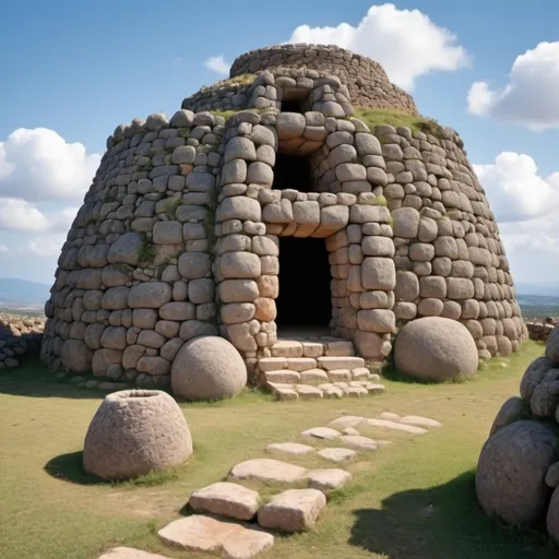 Prompt: According to the style of Hayao Miyazaki, he designed the Nuragic people who built the nuraghe of Barumini in Sardinia