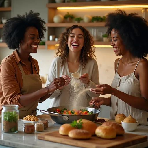 Prompt: “Cozy at‑home cooking party scene: three women of different backgrounds smiling as they use sleek cooking utensils around a kitchen island, warm ambient lighting.”