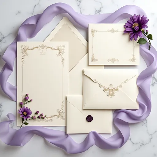 Prompt: A high‑resolution flatlay of a wedding invitation suite: a thick cream invitation card with gold foil trim, a matching RSVP card, a delicate program pamphlet, and a wax‑seal envelope, artfully fanned out on white marble. Deep purple floral illustrations peek from the corners. Ethereal lavender smoke swirls softly at the edges. No visible text. Romantic, soft lighting for an elegant, upscale feel.
