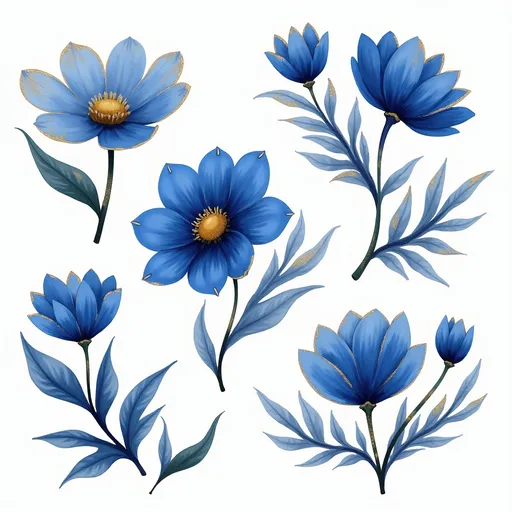 Prompt: Clipart set of five one‑stroke florals in alternating royal blue/gold, PNG