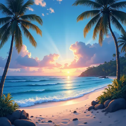 Prompt: 16:9 Zoom background of a blue sunset over a tropical beach with gold fronds in the foreground, digital wallpaper
