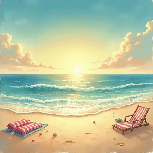 Prompt: Zoom background of a retro beach scene with layered blue & gold horizon stripes and grain texture