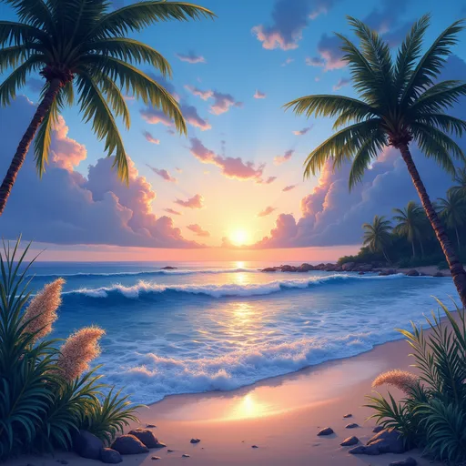 Prompt: 16:9 Zoom background of a blue sunset over a tropical beach with gold fronds in the foreground, digital wallpaper
