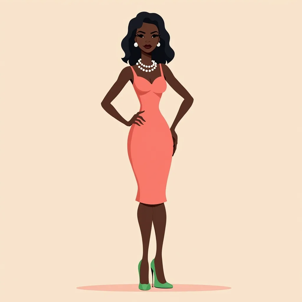 Prompt: "Elegant Black woman silhouette wearing a pearl necklace, salmon pink dress, apple green heels, standing confidently with one hand on hip. Flat vector style, soft pastel background."
