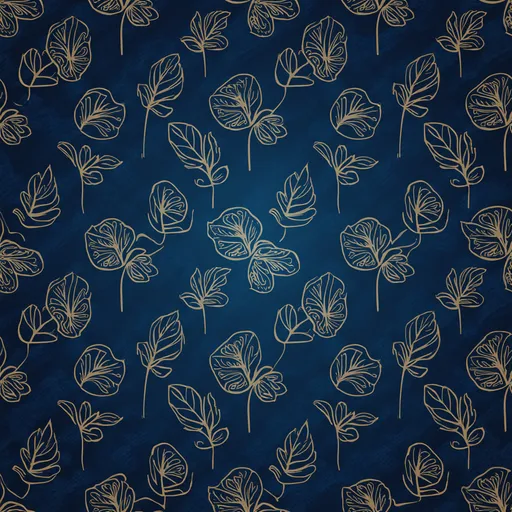 Prompt: Seamless vector pattern of abstract leaves in gold outlines on blue, SVG