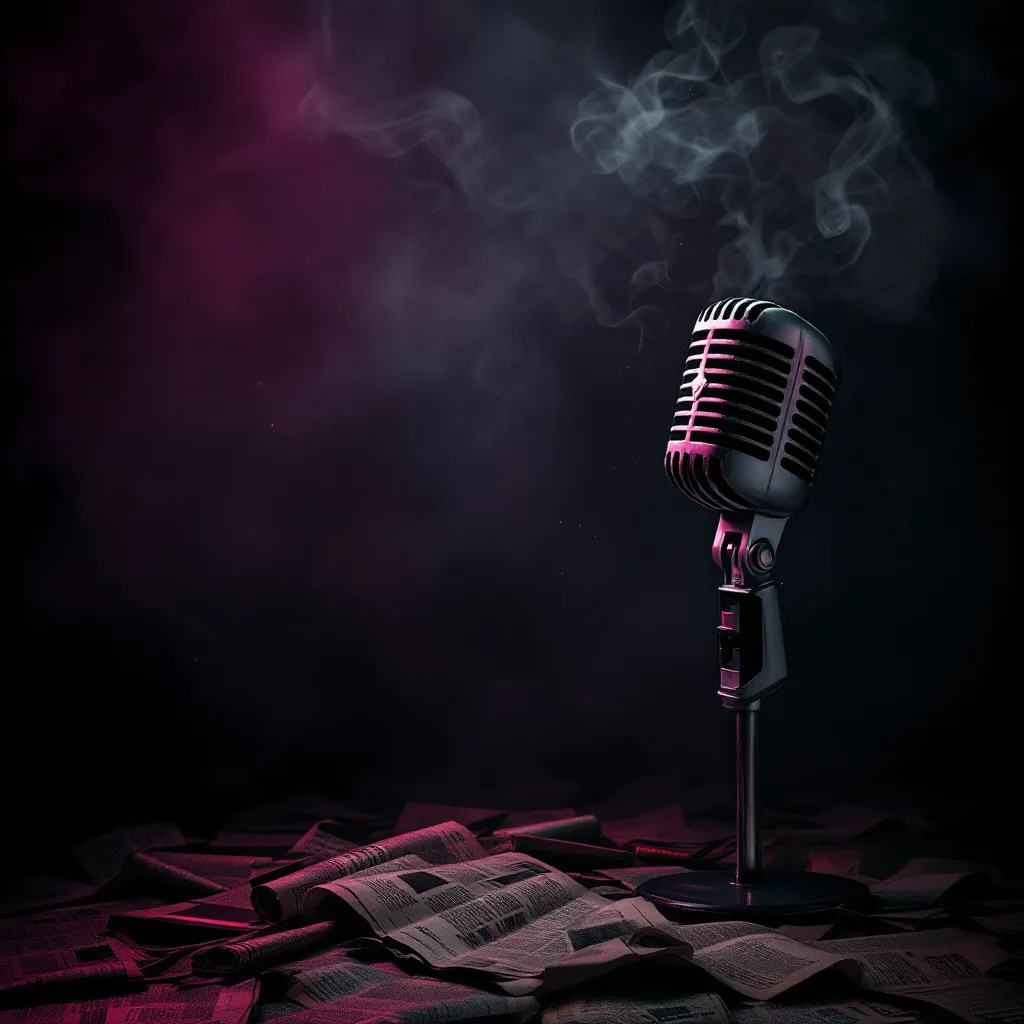 Prompt: dark plum and charcoal background, abstract press/media textures, faint layers of vintage newspapers, microphones, spotlight flares, subtle smoke effect, atmospheric ambiance, moody and enigmatic vibe, ultra-detailed image, HD quality, drama and intrigue, rich contrast, visually stunning composition