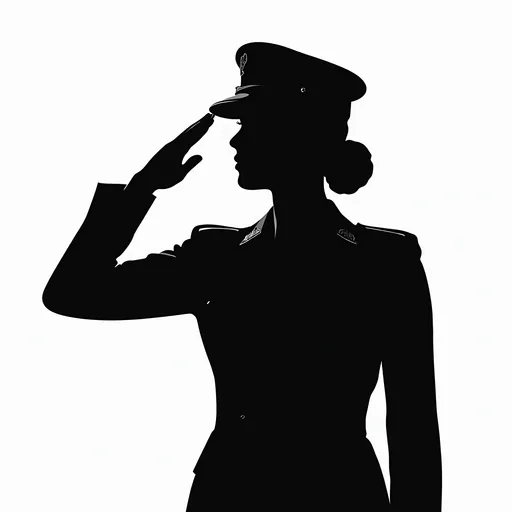 Prompt: Minimalist white vector art of a female 
service member standing at attention and saluting, crisp clean lines on a transparent background, high contrast silhouette style, suitable for overlay.
