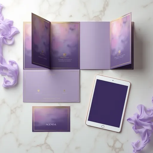 Prompt: A high‑resolution flatlay showcasing a conference stationery suite: an unfolded agenda booklet, a sleek digital invite mockup on a tablet screen, and a branded table‑tent signage card, all arranged on a smooth white marble surface. Elegant gold foil edges and deep purple accents on each piece. Soft lavender smoke wisps curl around the edges. No visible text. Warm, diffused lighting for a professional, luxe look.

