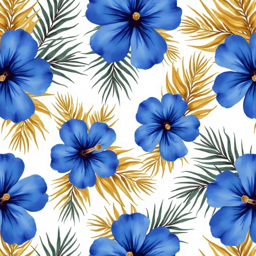 Prompt: A seamless clipart sheet of royal blue hibiscus, gold palm leaves, and white pineapple outlines in watercolor style, PNG transparent background
