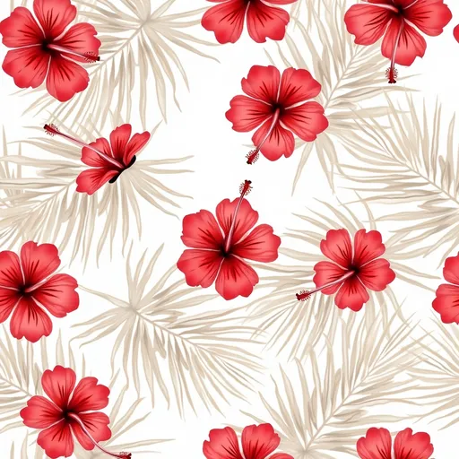 Prompt: A seamless clipart sheet of red hibiscus and white palm leaves, watercolor style, PNG transparent background