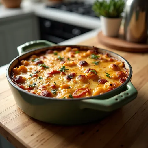Prompt: “High‑resolution photo‑style image of a stoneware casserole dish on a kitchen counter, fresh out of oven with bubbling cheese and roasted veggies, soft natural light.”